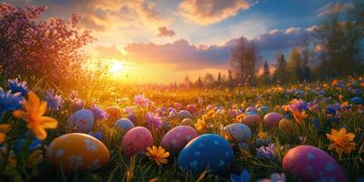 vistoso Pascua de Resurrección huevos dispersado entre floreciente flores a puesta de sol en un vibrante prado foto