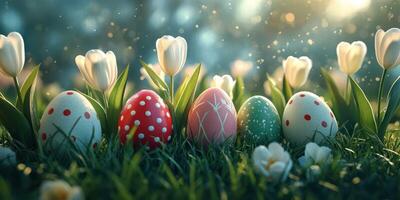 Colorful Easter eggs nestled among blooming tulips in a serene garden setting during springtime photo