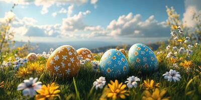 Colorful decorated eggs resting on blooming flowers in a sunny meadow during springtime photo