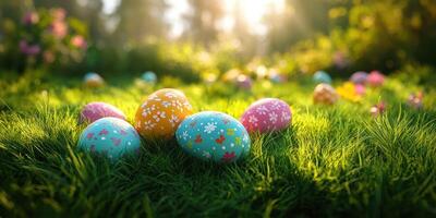 Colorful eggs scattered on lush green grass during a sunny spring day in a vibrant garden setting photo