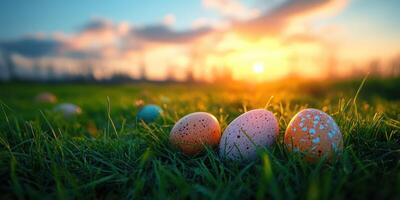 Colorful Easter eggs resting on green grass during sunset in a vibrant spring landscape photo