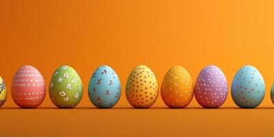Colorful decorative eggs lined up against a vibrant orange background for festive celebration photo
