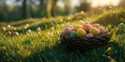 Colorful Easter eggs arranged in a woven basket on freshly cut grass during sunny spring afternoon photo