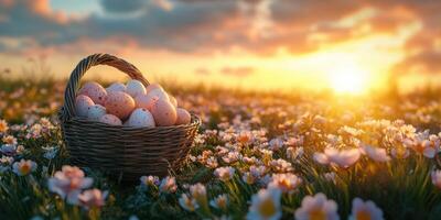 Sunlit basket of speckled eggs resting on a flower-filled field at dawn photo
