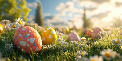 Colorful Easter eggs scattered among daisies in a sunlit field during springtime photo