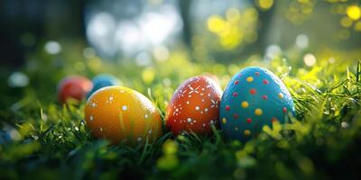Colorful Easter eggs resting on vibrant green grass under soft sunlight in a spring garden photo