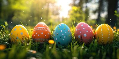 Colorful Easter eggs arranged on lush grass during a sunny spring afternoon photo