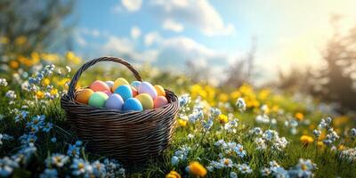 Colorful easter eggs in woven basket on lush green grass surrounded by wildflowers under a bright sky photo