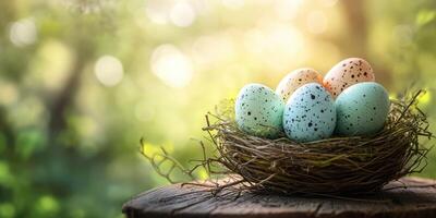 Colorful eggs nestled in a bird's nest in a serene outdoor setting during springtime photo