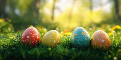 Colorful Easter eggs arranged neatly on vibrant grass under soft sunlight in a serene outdoor setting photo