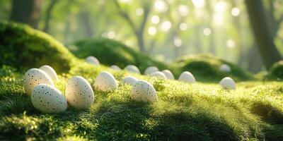 White speckled eggs resting on vibrant green moss under dappled sunlight in serene forest setting photo