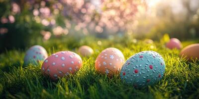 Colorful decorated eggs resting on green grass under soft sunlight during springtime celebration photo