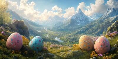 Colorful decorated eggs placed on a grassy meadow overlooking a serene mountain landscape in springtime photo
