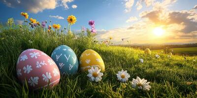 Beautifully decorated Easter eggs sit on green grass surrounded by wildflowers under a sunset sky photo
