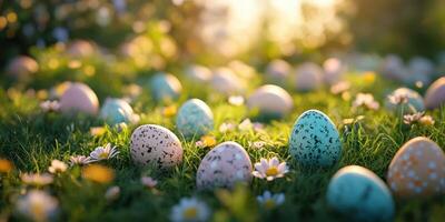 Colorful decorated eggs scattered in a vibrant spring meadow filled with flowers during golden hour photo