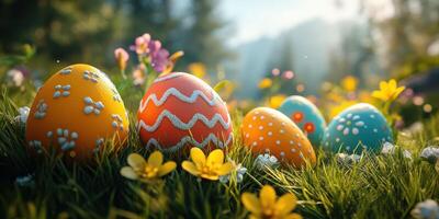Colorful decorated eggs resting on vibrant grass and flowers on a sunny spring day photo