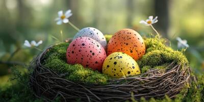 Colorful speckled eggs nestled in a natural nest surrounded by lush greenery and delicate flowers in the early morning light photo