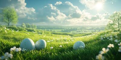 Colorful eggs rest on lush green grass in a tranquil landscape under a sunny sky photo