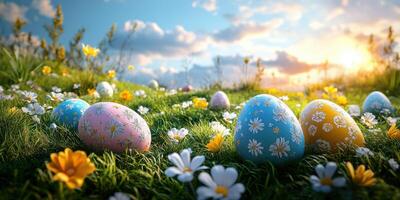 Colorful decorated eggs nestled in lush green grass under a vibrant sky during springtime photo