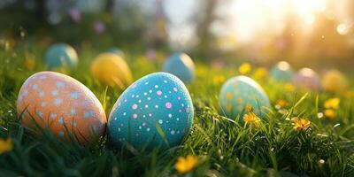Colorful Easter eggs scattered on vibrant green grass during a sunny spring afternoon photo