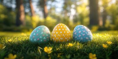 Colorfully decorated Easter eggs resting on lush green grass under soft sunlight in a serene forest setting photo