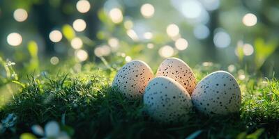 Colorful speckled eggs resting on fresh green grass with gentle sunlight filtering through the trees in a serene spring setting photo