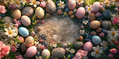Colorful Easter eggs surrounded by stones and flowers in a spring garden setting photo