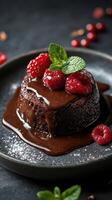 Decadent chocolate dessert topped with fresh raspberries and mint on a dark plate photo