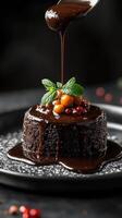 Decadent chocolate cake topped with fresh mint and berries served on a black plate photo
