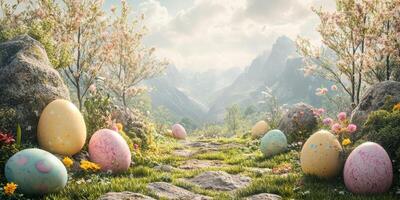 Colorful easter eggs surrounded by flowers and mountains during springtime in a serene landscape photo