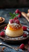 Delicious dessert features creamy flan topped with fresh raspberries and mint on a rustic wooden table photo