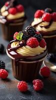 Delicious chocolate cupcakes topped with fresh berries showcased on a dark background photo