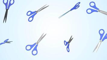 Scissors Falling on a Light Blue Background. Plastic Handle Scissors 3D. 4K video