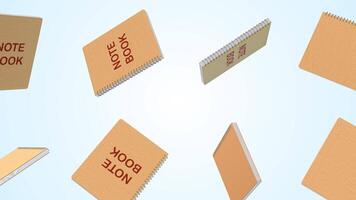 Notebooks Falling on a Light Blue Background. Notepad 3D Animation. 4K video