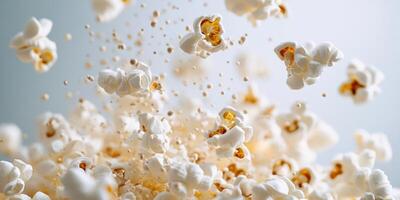 Freshly popped popcorn bursting into the air in a light setting during a movie night photo