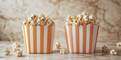 Tasty popcorn in striped containers on a marbled surface ready for movie night or snack time photo