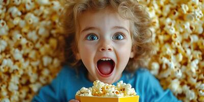 Excited child enjoying popcorn surrounded by a sea of popcorn at a fun gathering venue photo