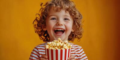 Happy child enjoying popcorn with bright yellow background during a fun movie night photo