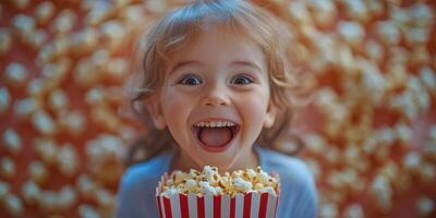 Child enjoying popcorn with a joyful smile surrounded by popcorn in a vibrant setting photo
