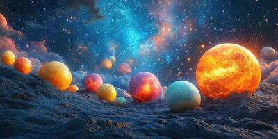Colorful celestial bodies float in a vibrant cosmic landscape with dramatic clouds and stars photo