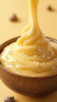 Creamy yellow dessert with a silky texture and a sprinkle of sea salt, served in a rustic bowl photo