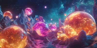 Colorful celestial landscape with glowing orbs and rocky formations in a vibrant cosmic setting photo