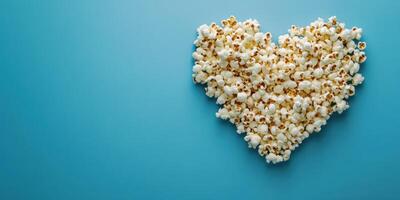 Heart-shaped arrangement of popcorn on a blue background creates a playful and inviting atmosphere for movie night photo