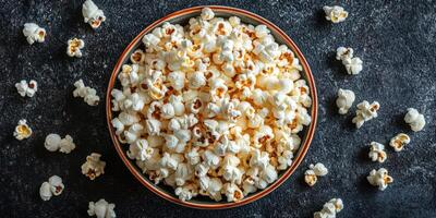 Freshly popped popcorn in a large bowl with scattered pieces on a dark surface photo