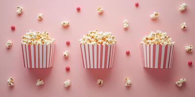 Colorful popcorn containers filled with fluffy popcorn scattered on a pink background photo