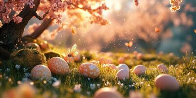 Springtime joy unfolds with blossoming trees and decorated eggs in a vibrant meadow during golden hour photo