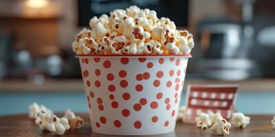 Freshly popped popcorn in a dotted red and white container on a wooden table in a cozy kitchen setting photo