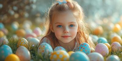 Young girl surrounded by colorful Easter eggs in a sunny park during springtime photo