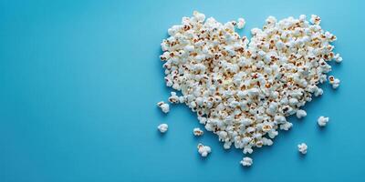 en forma de corazon arreglo de palomitas de maiz en un azul antecedentes para un creativo bocadillo idea foto