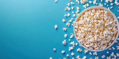 Freshly popped popcorn in a bowl with scattered kernels on a blue background photo